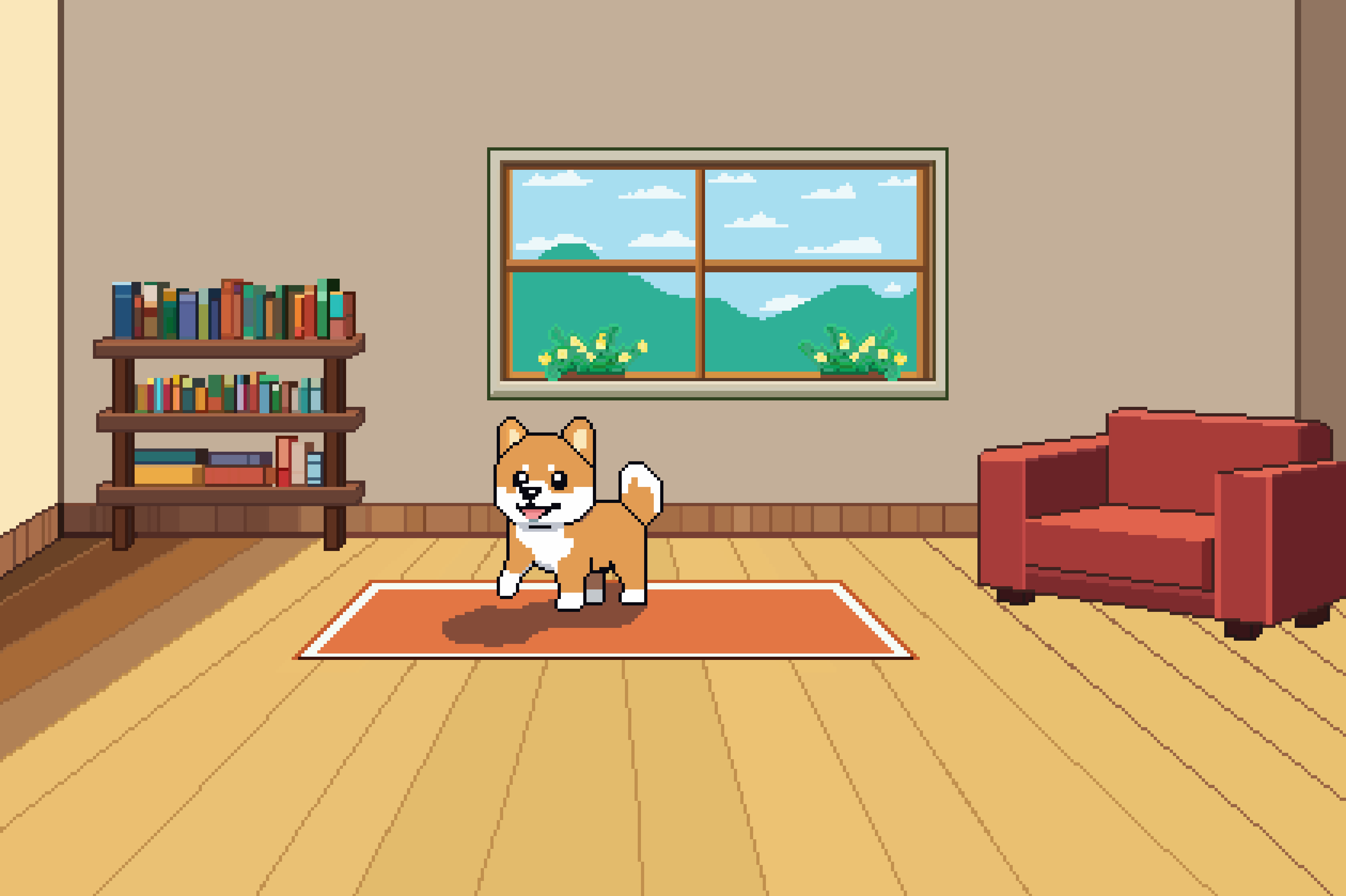 Pixel, the shiba inu in his living room.