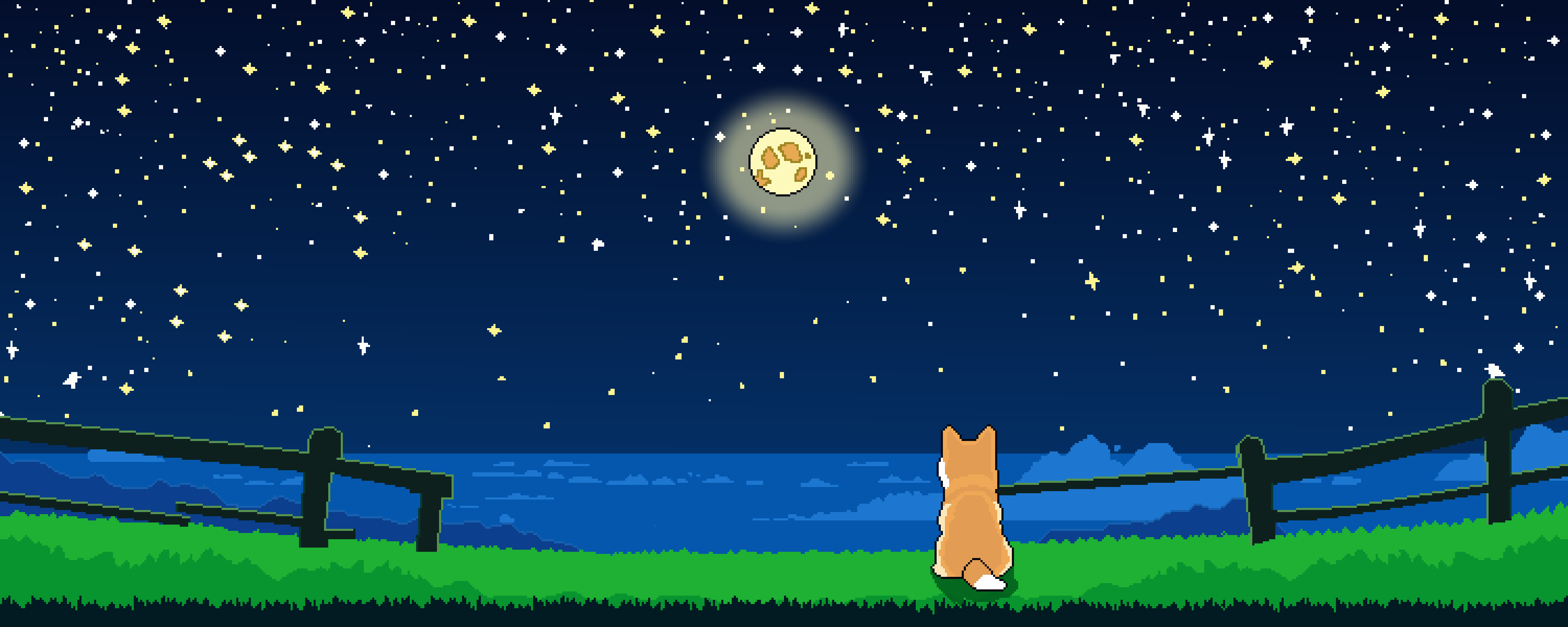 Pixel art of a starry night with a dog looking at the moon